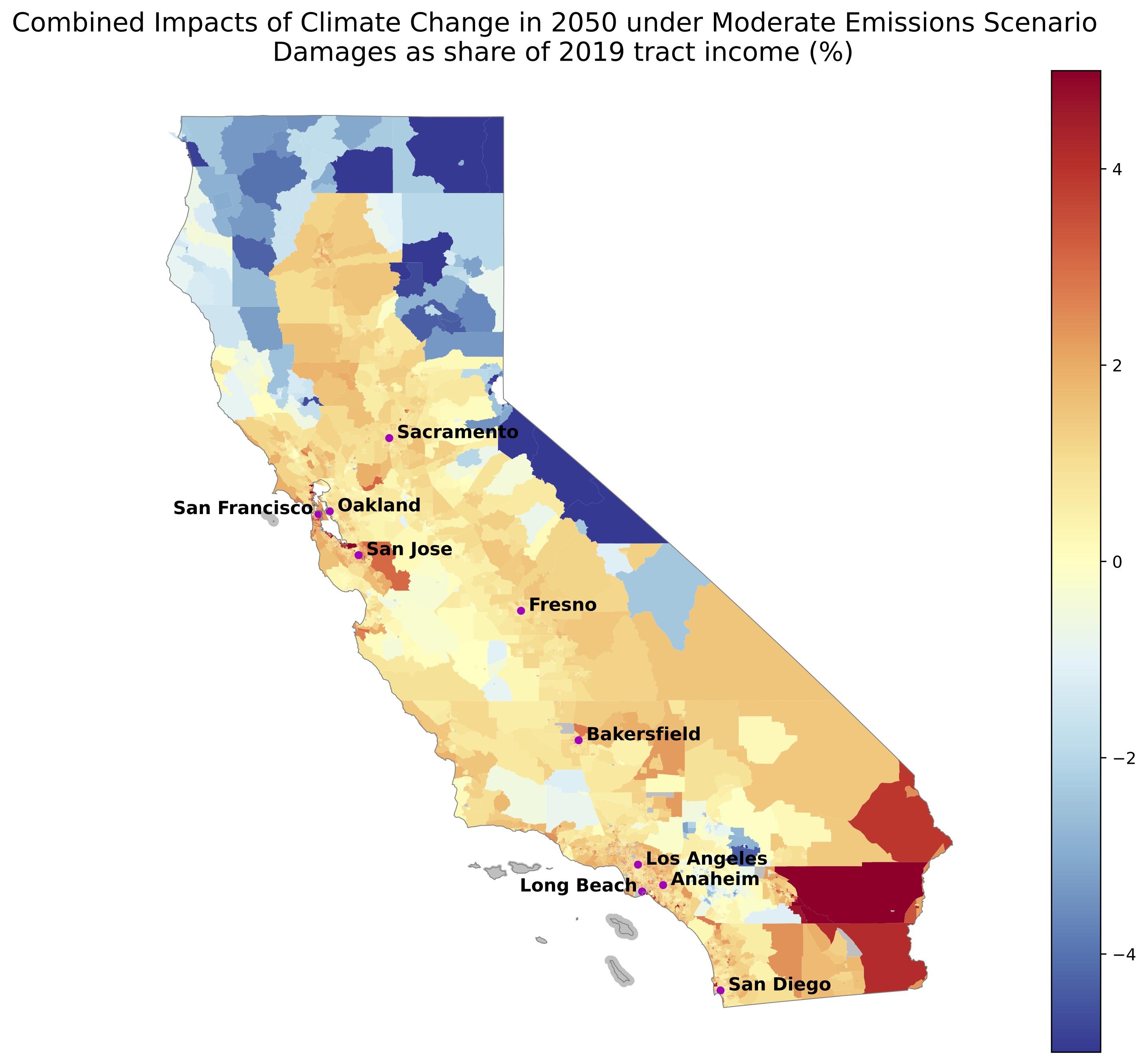 map of california displaying the climate vulnerability metric, which is reported as damages as a share of 2019 income 