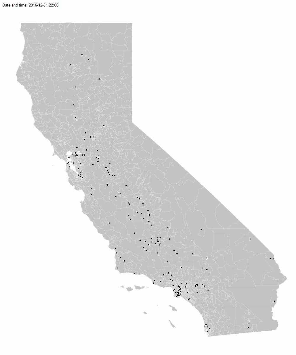 GIF of pollution exposure show in red lines moving across California