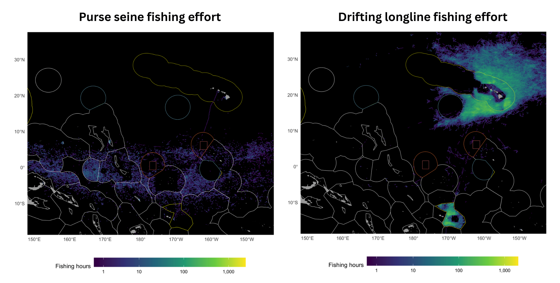 map of fishing effort by purse seine and longline vessels