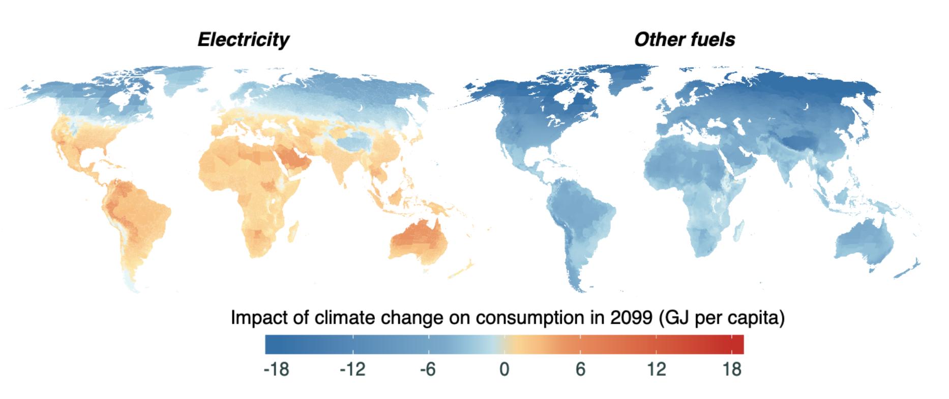 a heat map figure depicting the intensity of climate impacts on energy consumption around the globe