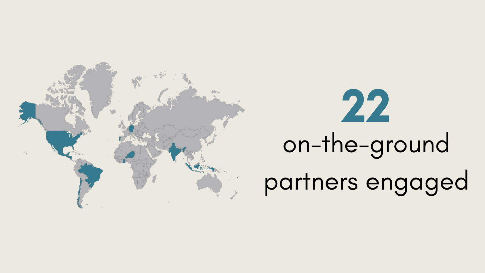 map with countries we work with highlighted; 22 on-the-ground partners engaged