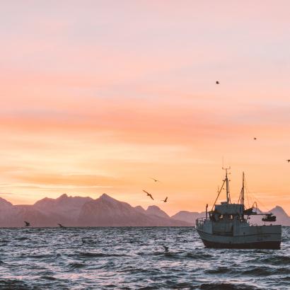 fishing boat at sunset with mountains in background