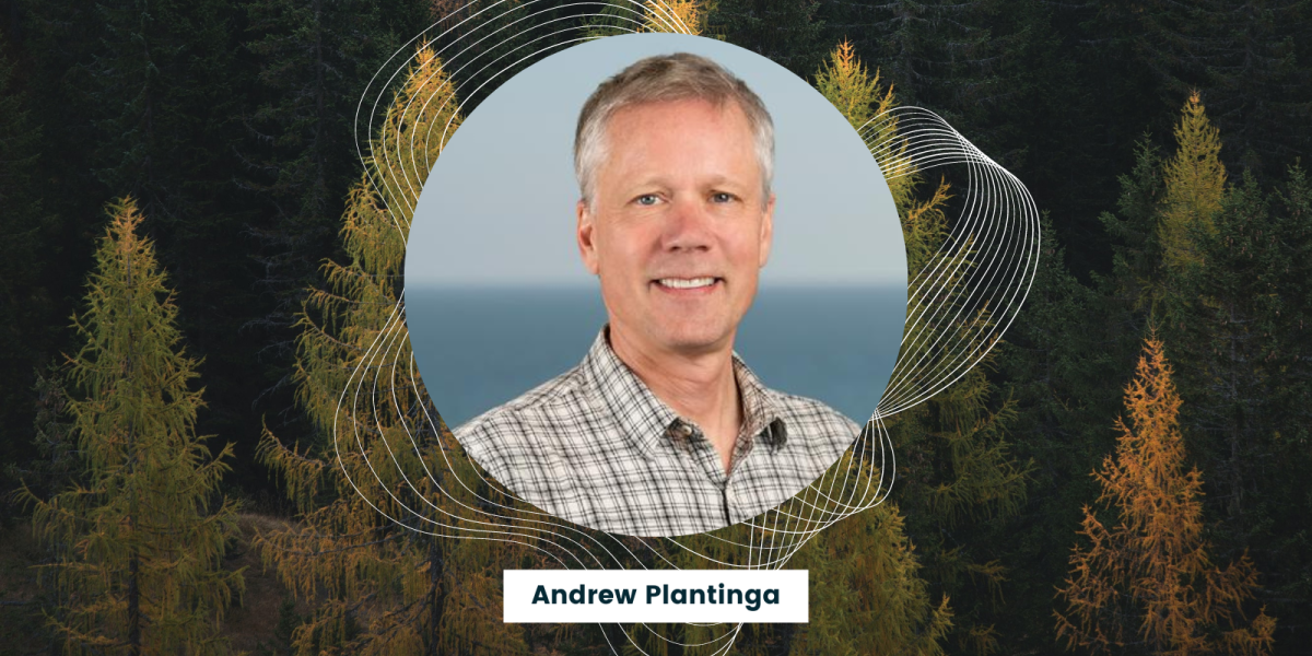 andrew plantinga headshot over photo of forest