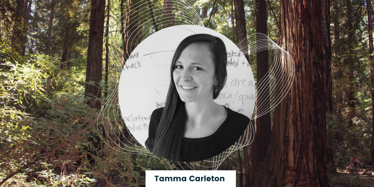 tamma carleton headshot over a forest image