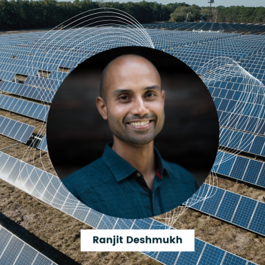 ranjit deshmukh headshot overlayed on a photo of solar panels