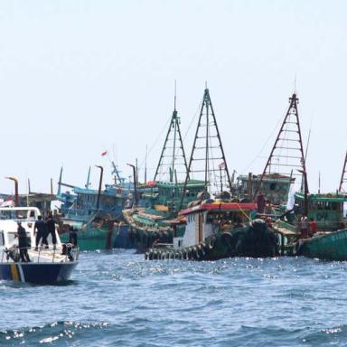 Many fishing boats patrolled by authorities in the ocean.
