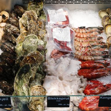 seafood on ice at the market